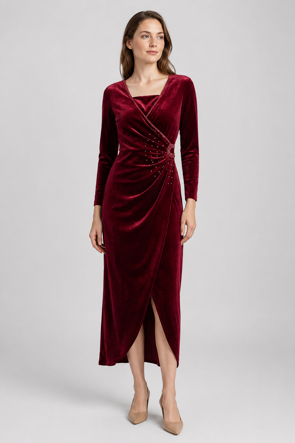 NOMU | Women's Velvet Wrap Midi Dress – Elegant Long Sleeve Rhinestone Evening Dress