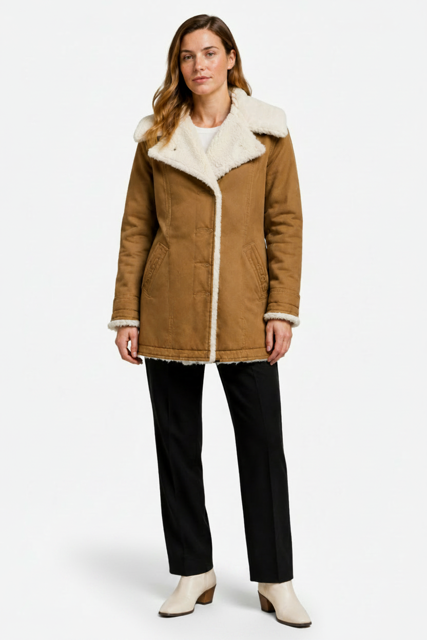 NOMU | Women's Long Sleeved Winter Coat – Fleece Lining with Wide Collar and Button Front Design