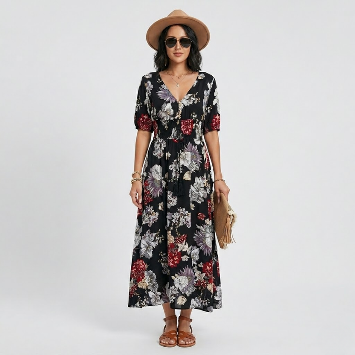 NOMU | Women's Floral Maxi Dress – V Neck Short Sleeve Relaxed Fit Design