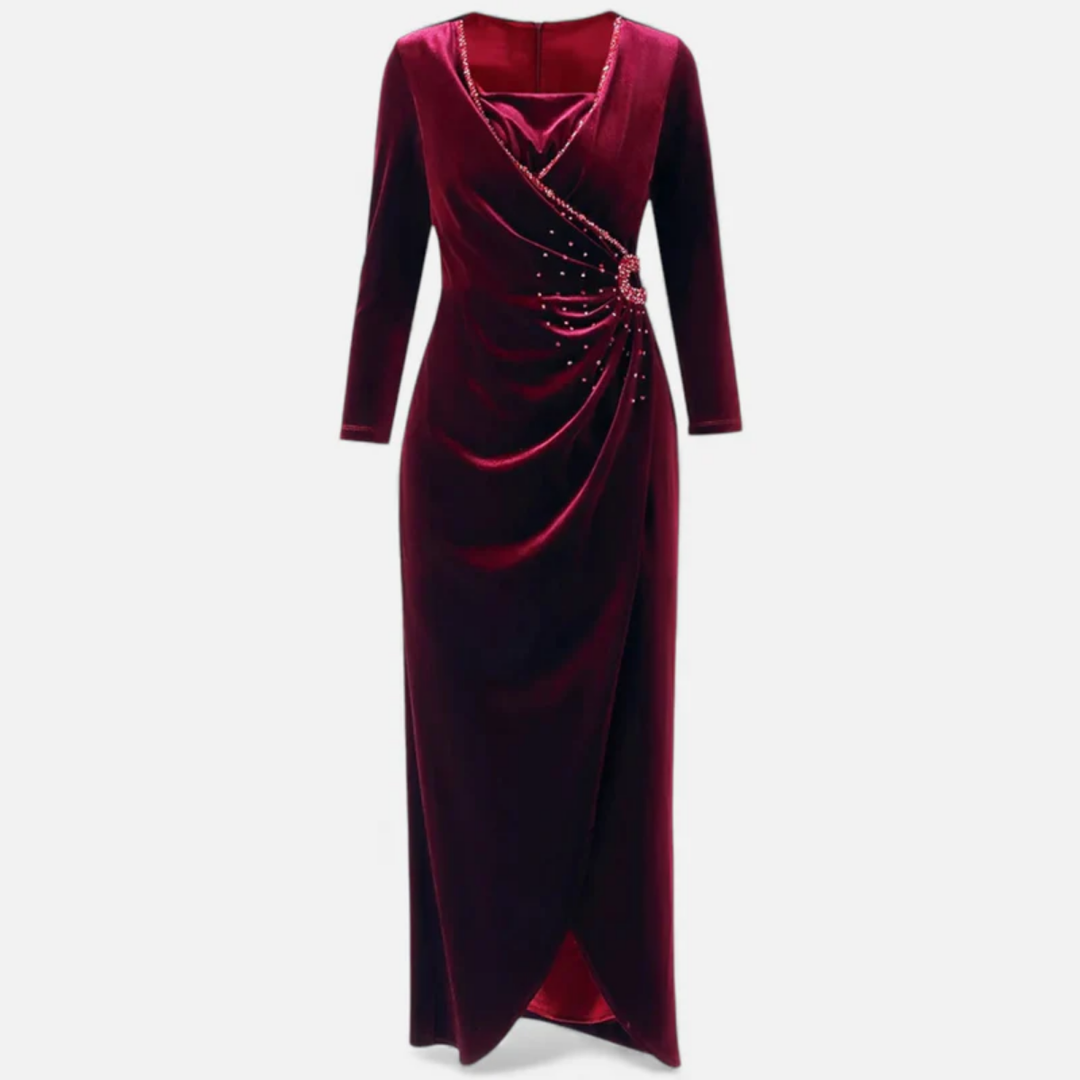 NOMU | Women's Velvet Wrap Midi Dress – Elegant Long Sleeve Rhinestone Evening Dress