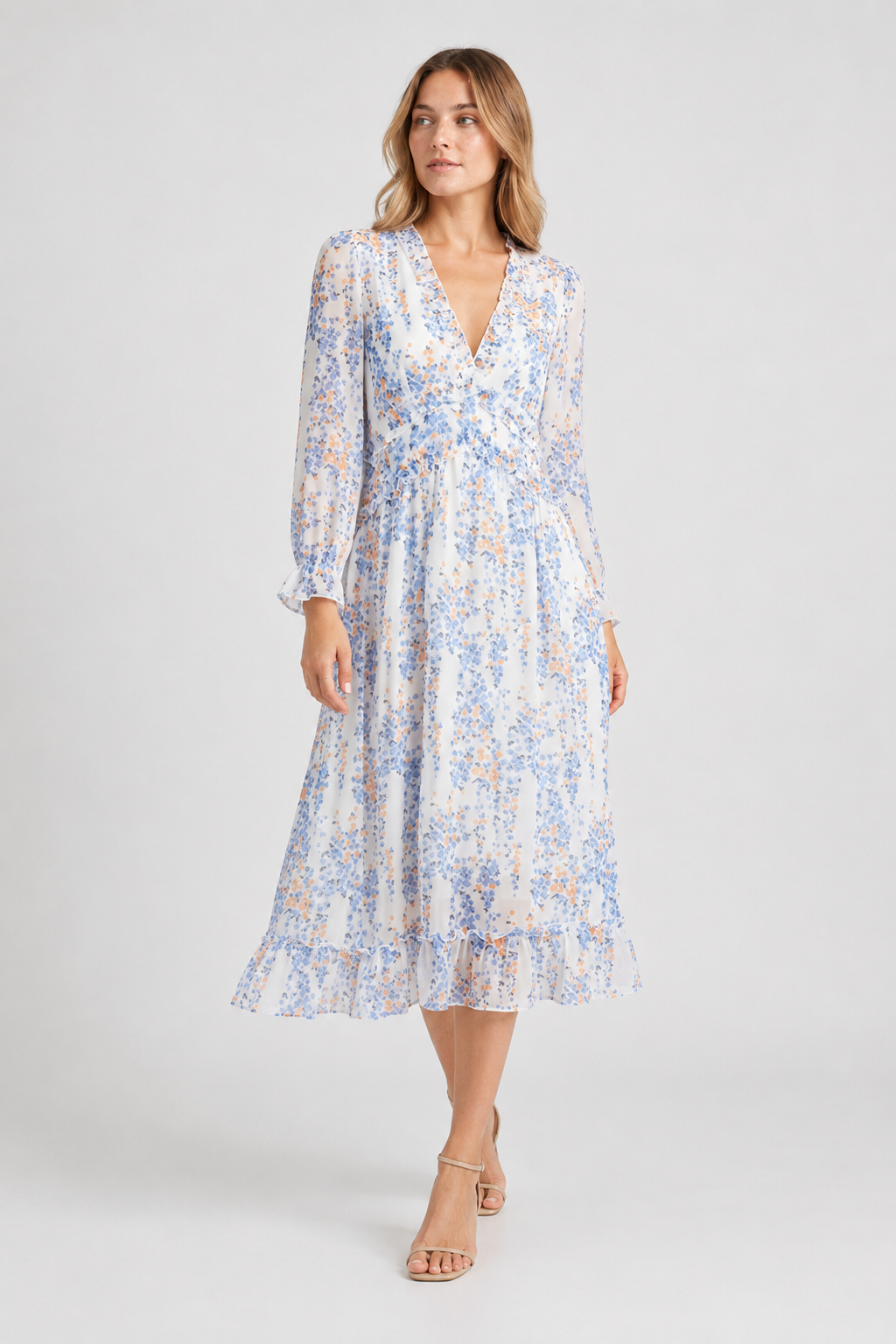 NOMU | Women's Floral Midi Dress – V Neck Long Sleeve Ruffle Trim Design