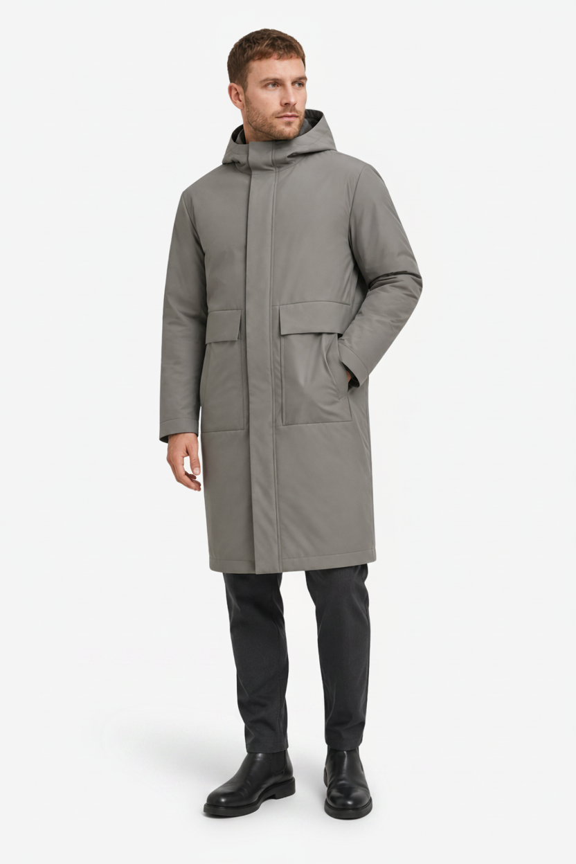 NOMU | Men's Long Quilted Hooded Parka – Full Length Design with Front Pockets