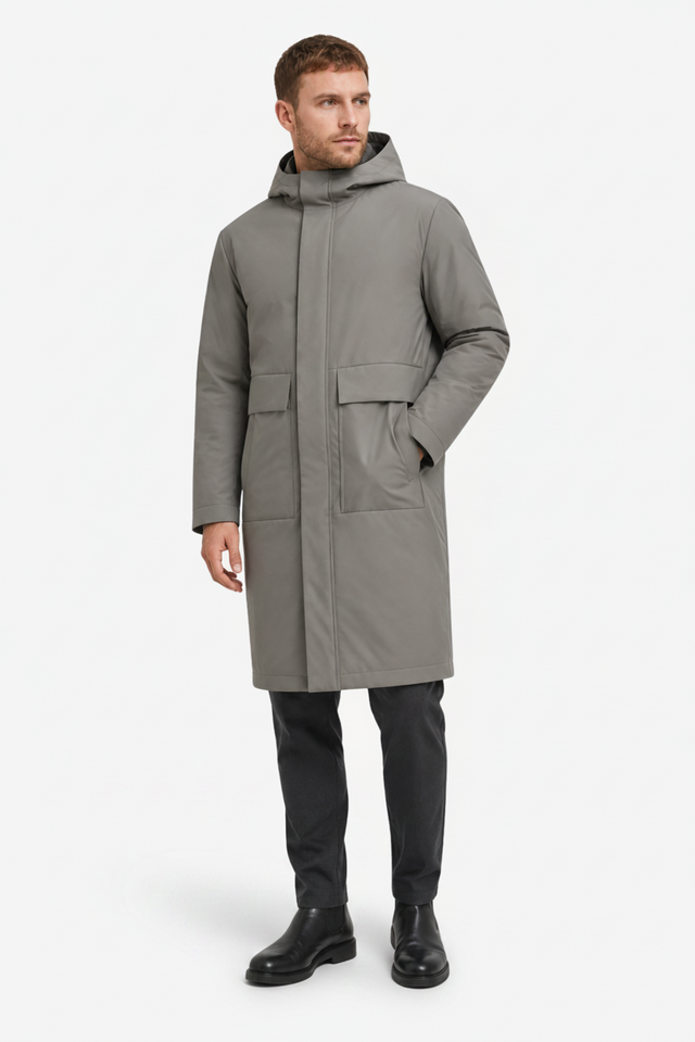 NOMU | Men's Long Quilted Hooded Parka – Full Length Design with Front Pockets