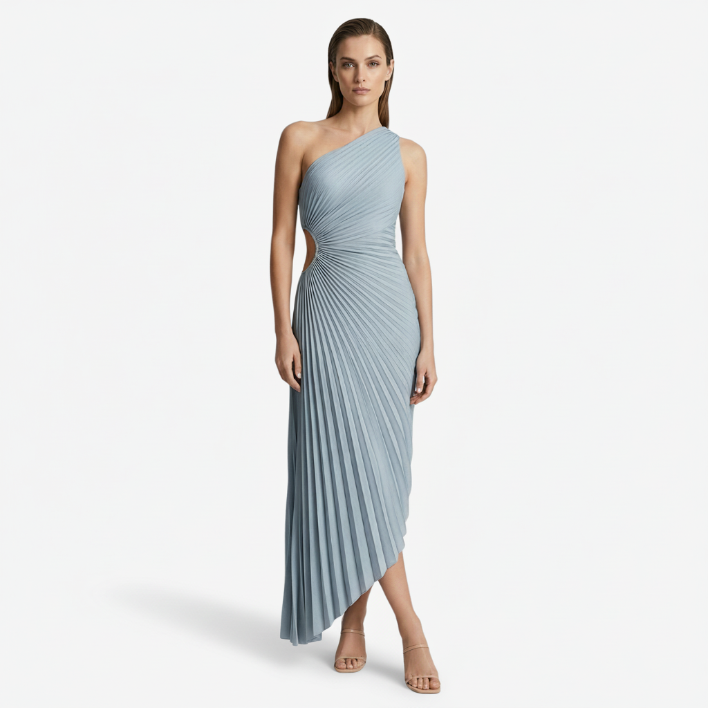 NOMU | Women's One Shoulder Pleated Midi Dress – Elegant Cutout Evening Party Dress