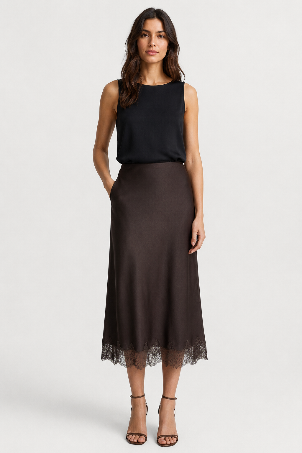 NOMU | Women's Satin Midi Skirt – Elegant Lace Trim Slip Skirt