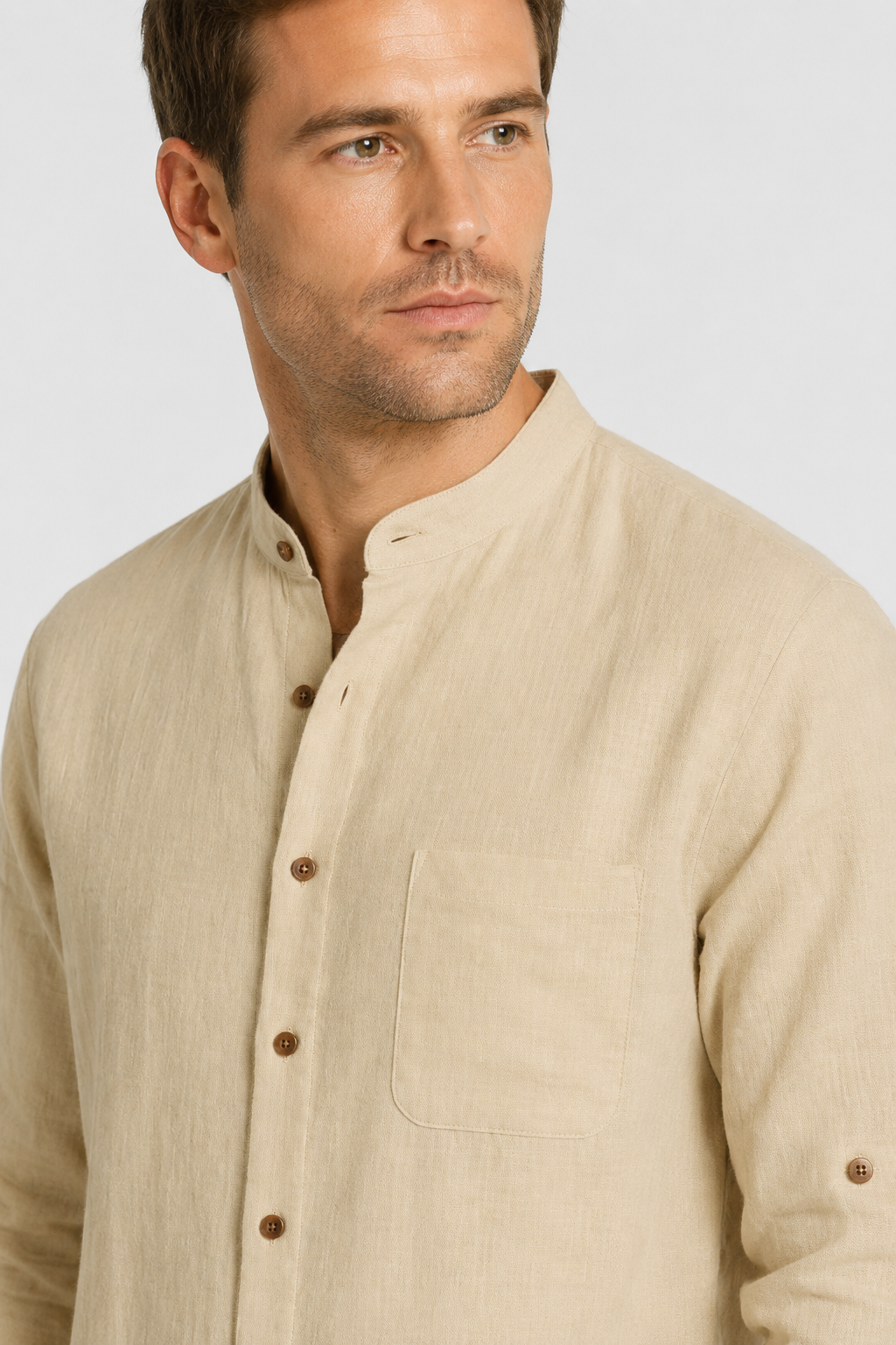 NOMU | Men's Linen Blend Shirt – Long Sleeve Mandarin Collar Button Design