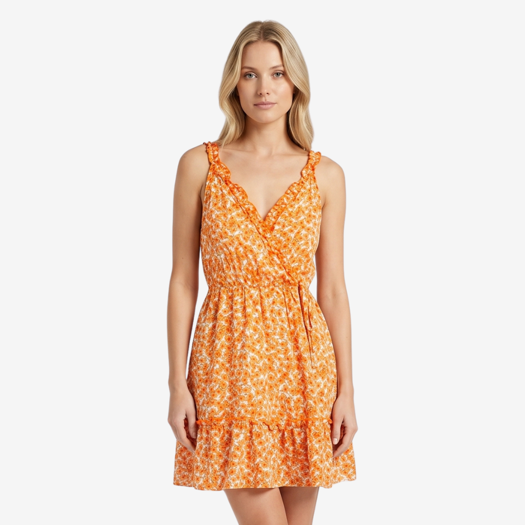 NOMU | Women's Printed Mini Dress – V Neck Ruffle Strap Tie Waist Design