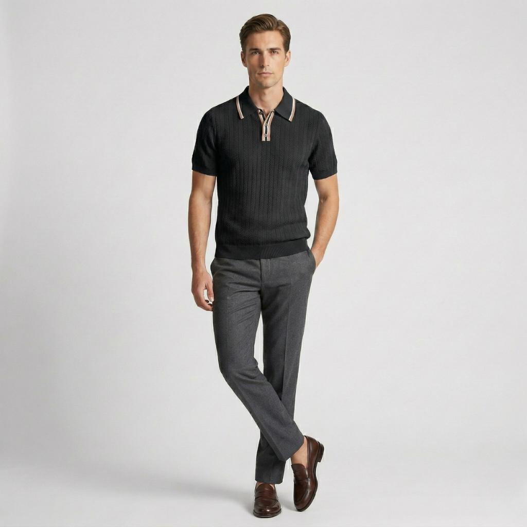 NOMU | Men’s Contrast Trim Ribbed Knit Polo Shirt