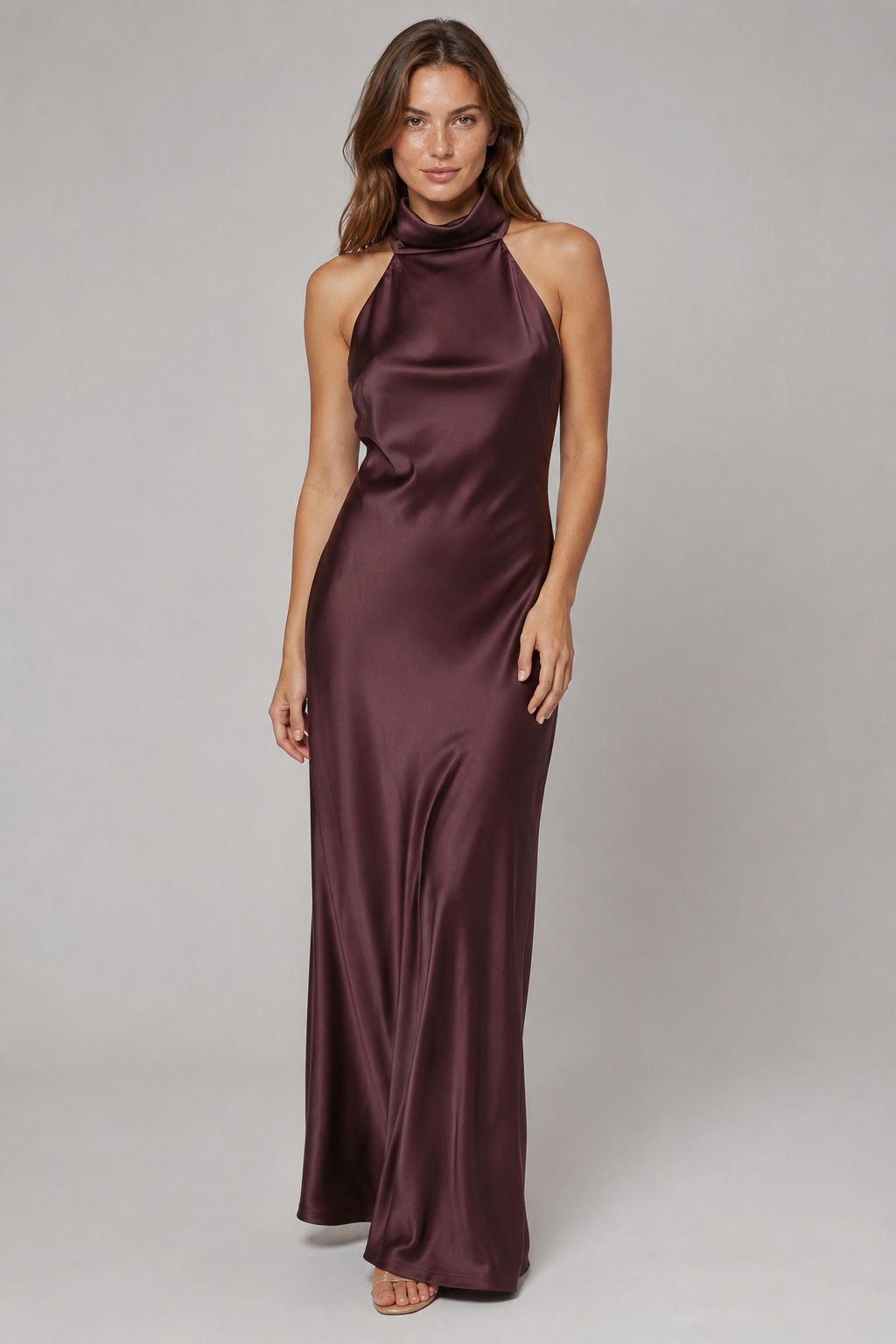 NOMU | Women's Satin Halter Maxi Dress – Elegant Sleeveless Evening Gown