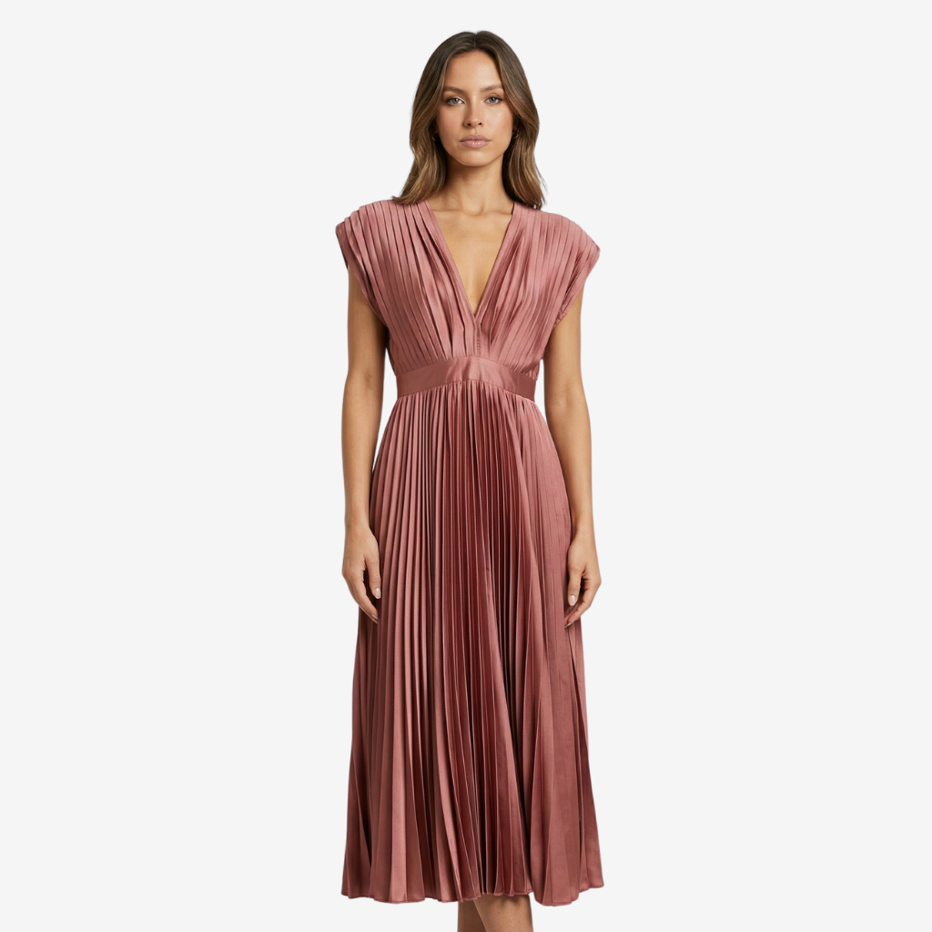 NOMU | Women's Pleated V-Neck Midi Dress – Elegant Sleeveless Flowing Evening Dress