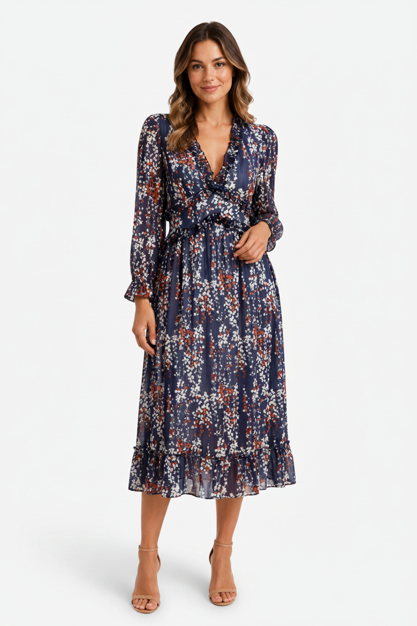 NOMU | Women's Floral Midi Dress – V Neck Long Sleeve Ruffle Trim Design