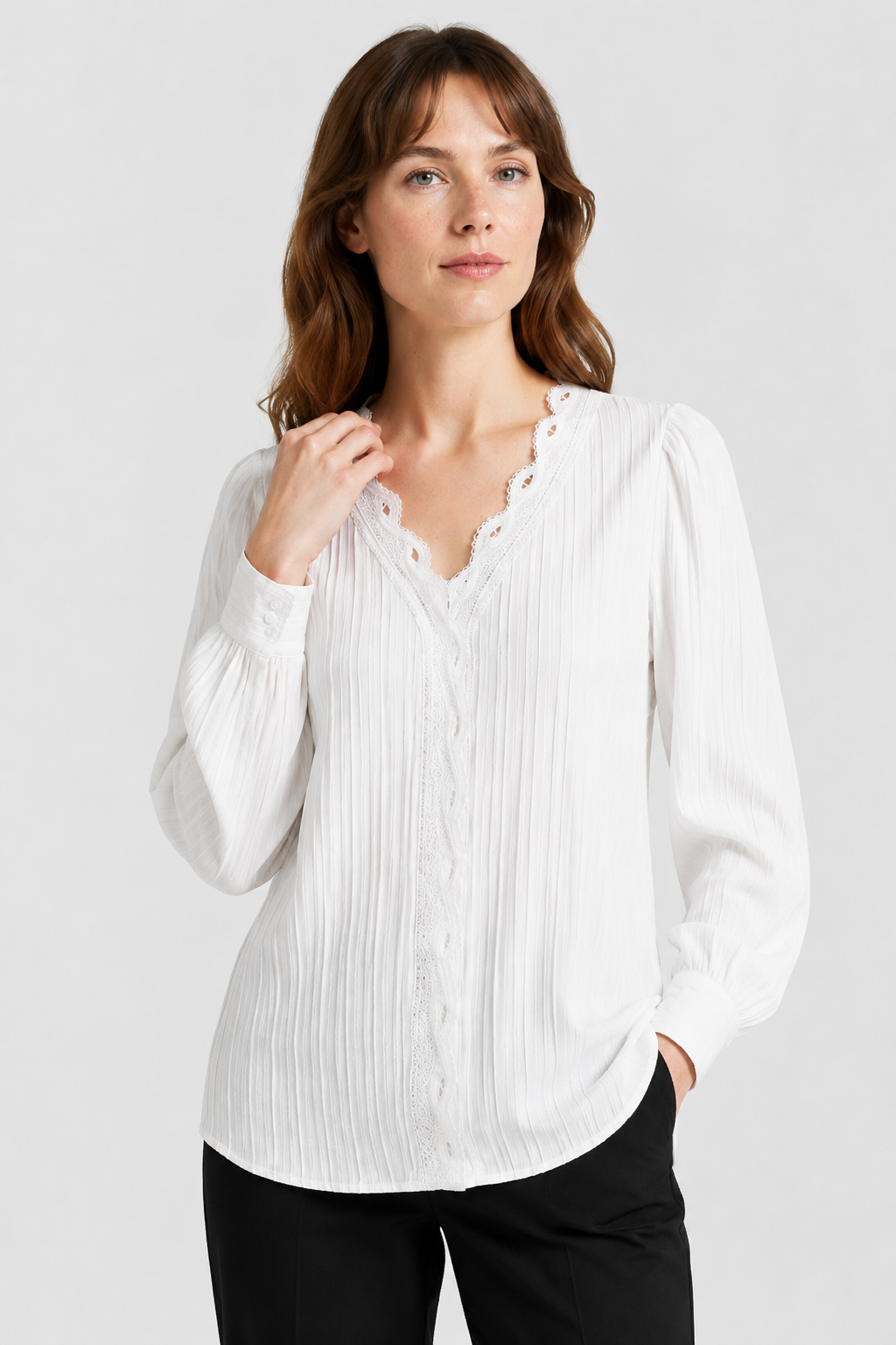 NOMU | Women's Lace Trim Pleated Blouse – Elegant V-Neck Long Sleeve Top