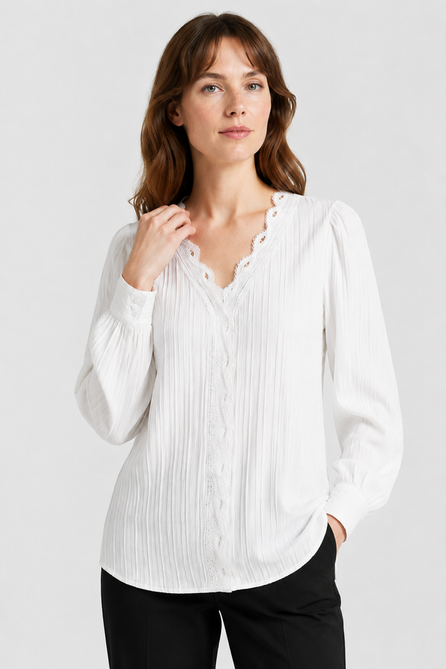 NOMU | Women's Lace Trim Pleated Blouse – Elegant V-Neck Long Sleeve Top