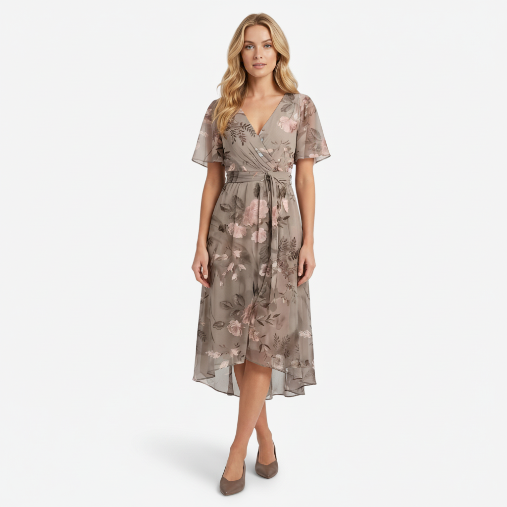 NOMU | Women's Floral Midi Dress – V Neck Flutter Sleeve Tie Waist Wrap Design