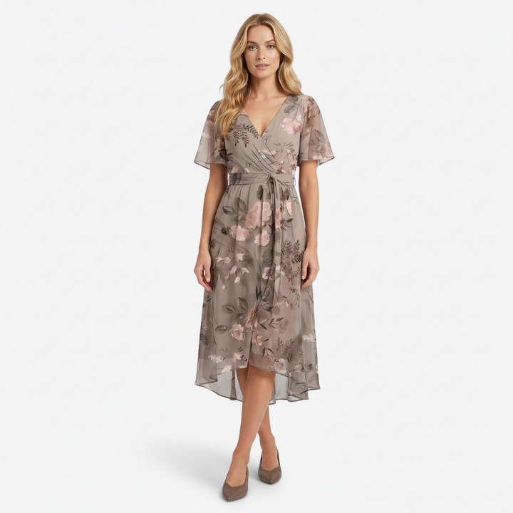 NOMU | Women's Floral Midi Dress – V Neck Flutter Sleeve Tie Waist Wrap Design