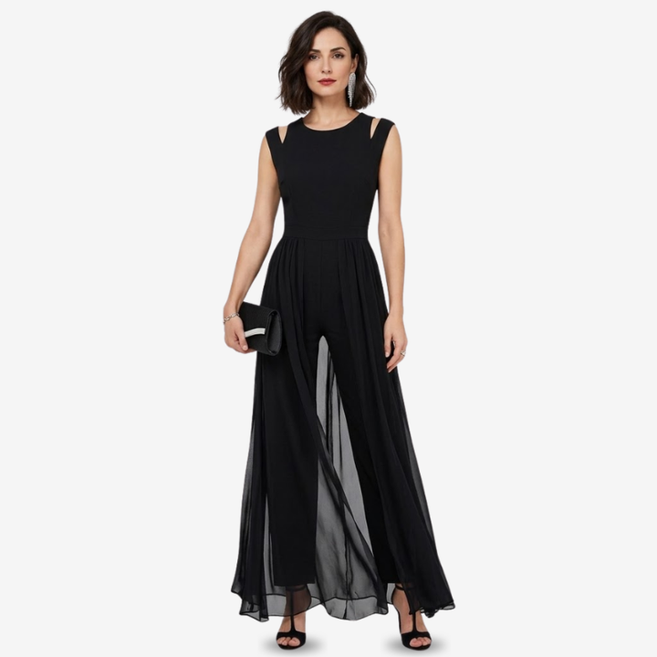 NOMU | Women's Sleeveless Wide Leg Jumpsuit – Elegant Sheer Overlay Evening Jumpsuit