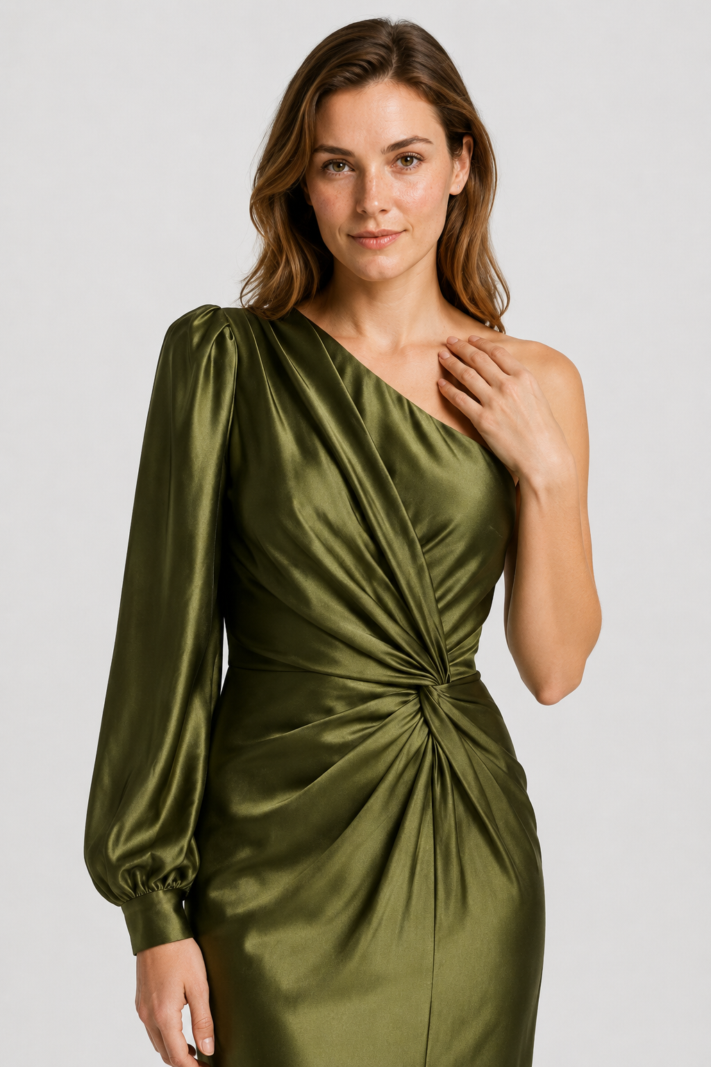 NOMU | Women's One-Shoulder Satin Maxi Dress – Elegant Long Sleeve Evening Dress