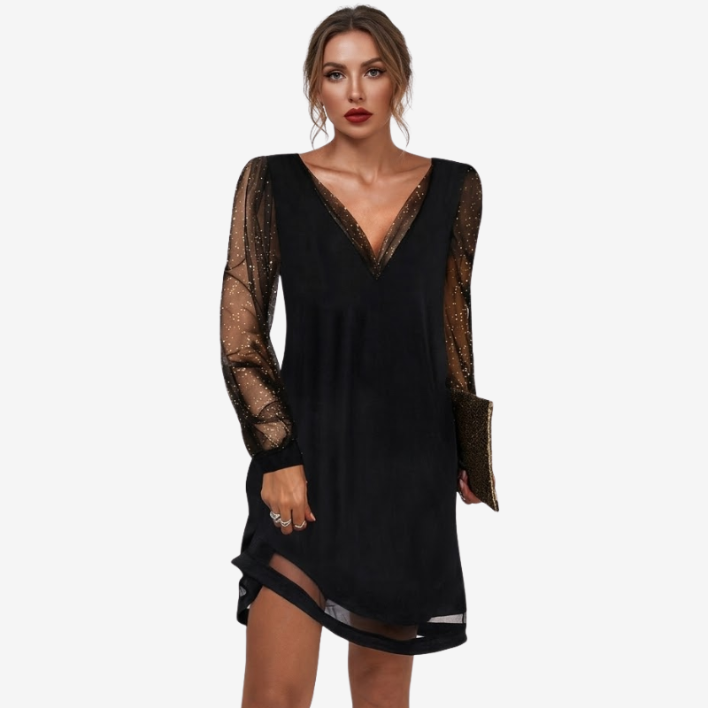 NOMU | Women's Glitter Mesh Sleeve Mini Dress – Elegant Long Sleeve V-Neck Party Dress
