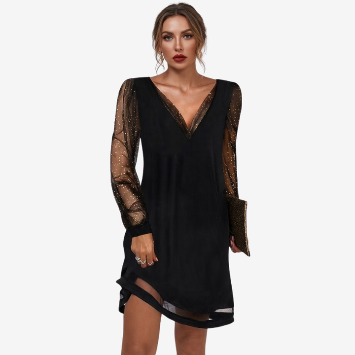 NOMU | Women's Glitter Mesh Sleeve Mini Dress – Elegant Long Sleeve V-Neck Party Dress