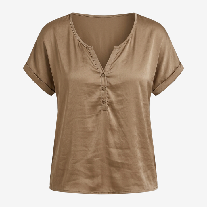 NOMU | Women’s V-Neck Button Detail Short Sleeve Blouse