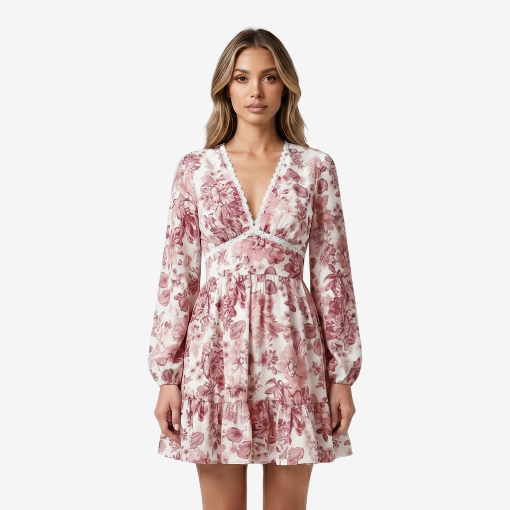 NOMU | Women's Floral Mini Dress – V Neck Long Sleeve Ruffle Hem Design