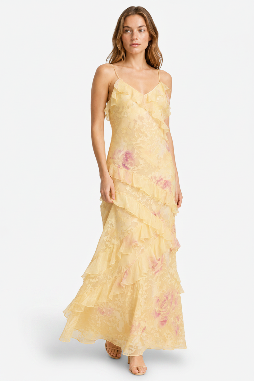 NOMU | Women's Floral Ruffle Maxi Dress – Elegant Sleeveless Layered Party Dress