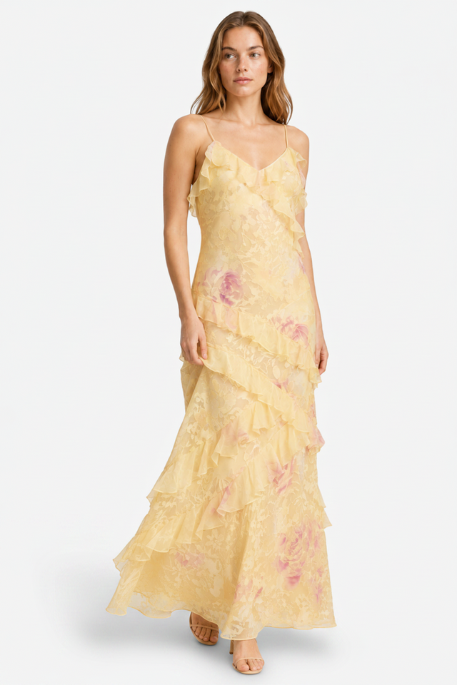 NOMU | Women's Floral Ruffle Maxi Dress – Elegant Sleeveless Layered Party Dress