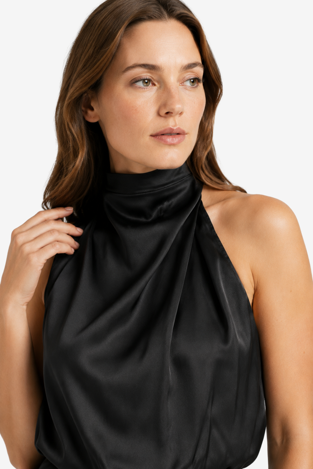 NOMU | Women's Satin High Neck Midi Dress – Elegant Sleeveless Evening Slip Dress