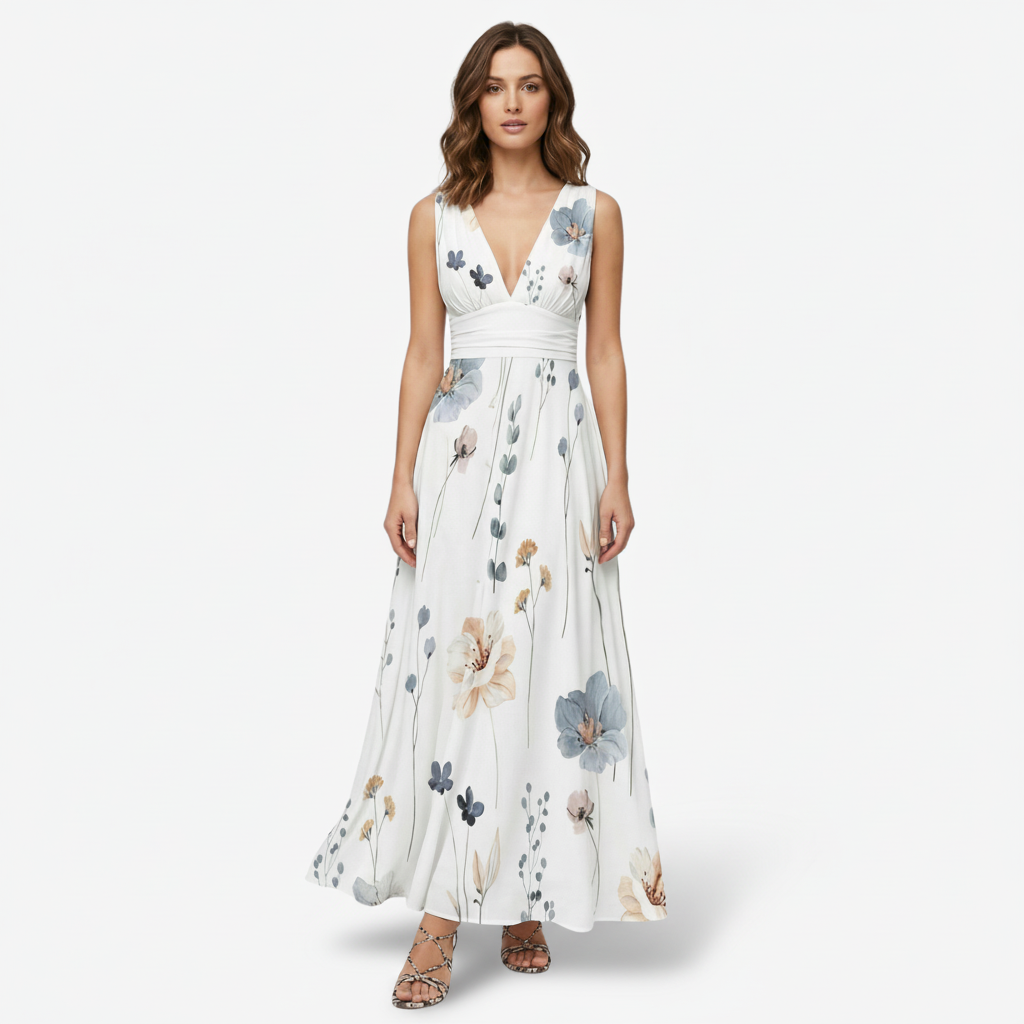 NOMU | Women's Floral V-Neck Maxi Dress – Elegant Sleeveless Flowing Summer Dress