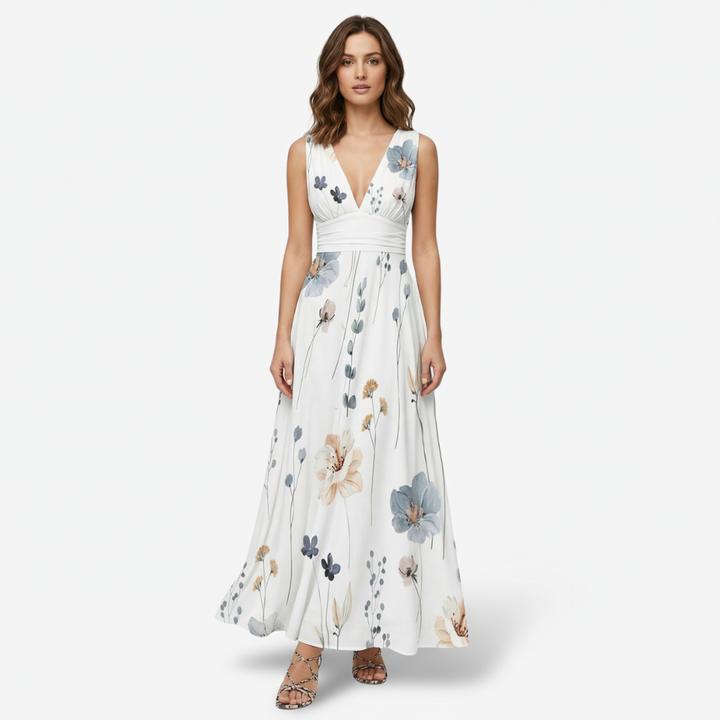 NOMU | Women's Floral V-Neck Maxi Dress – Elegant Sleeveless Flowing Summer Dress