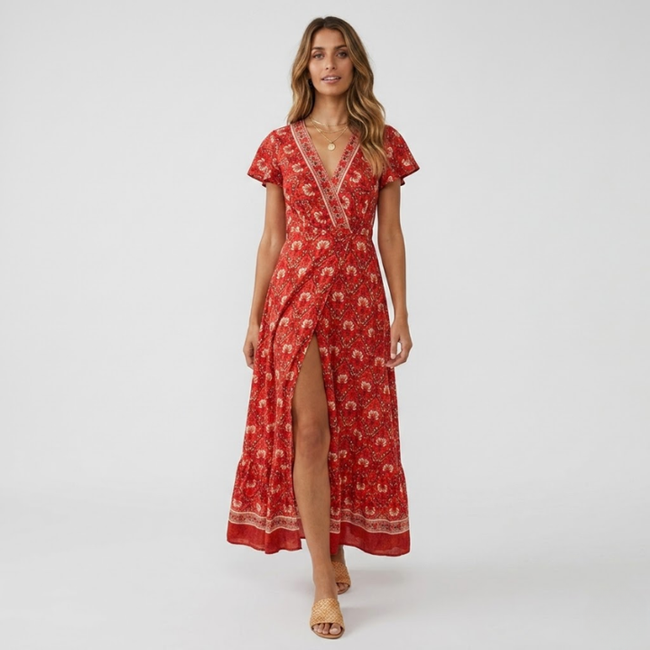 NOMU | Women's Printed Midi Dress – V Neck Short Sleeve Wrap Style Side Slit Design