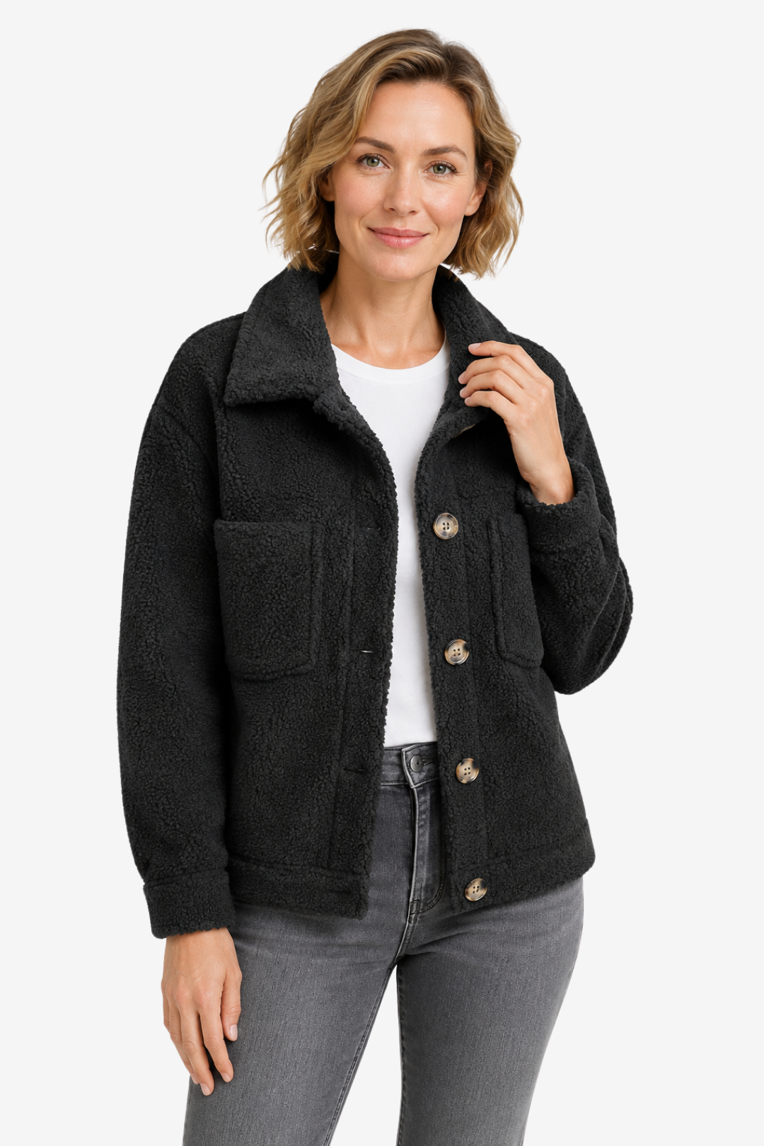 NOMU | Women's Straight Cut Mid Season Coat – Textured Fleece with Button Front and Patch Pockets