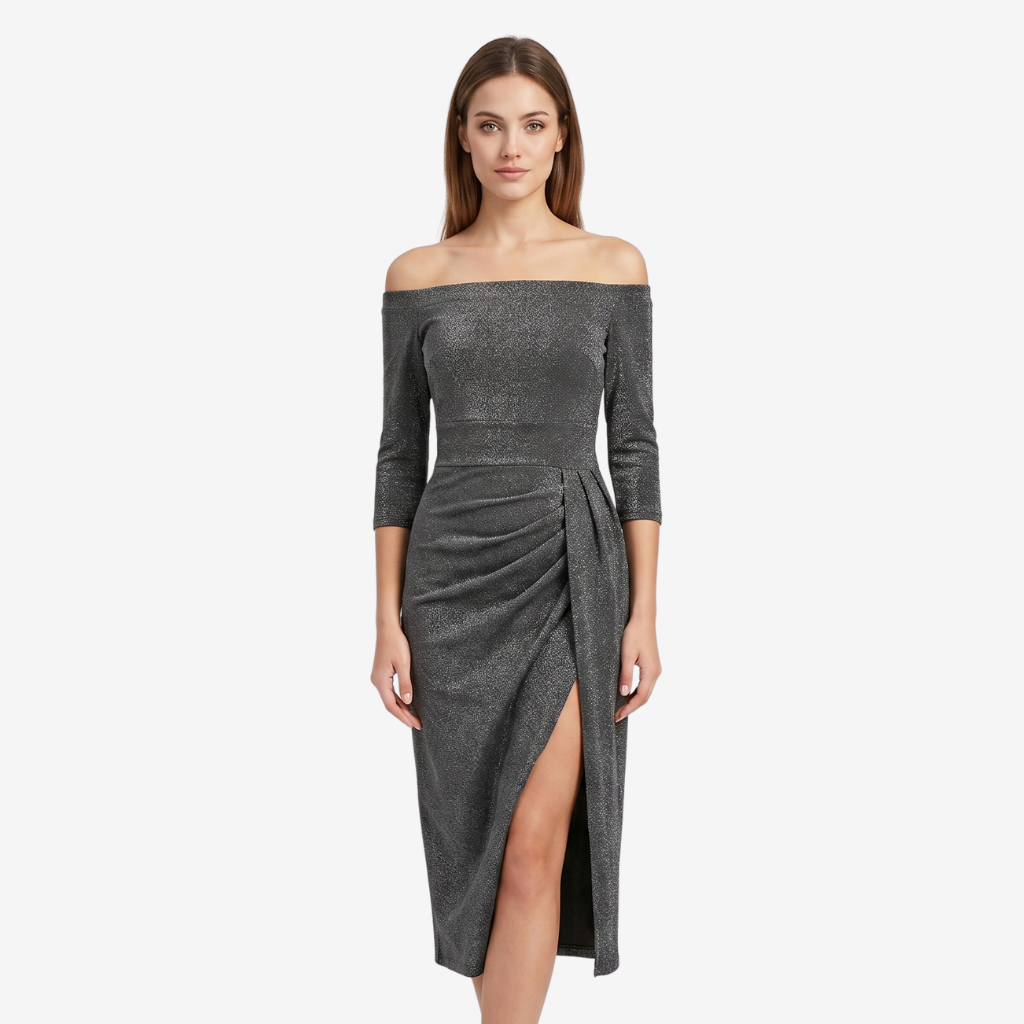 NOMU | Women's Off Shoulder Midi Dress – Long Sleeve Side Slit Fitted Design