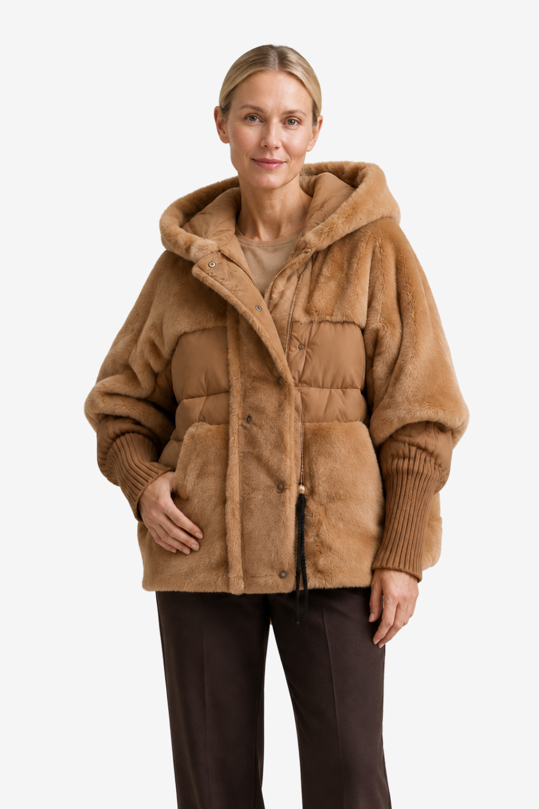 NOMU | Women's Long Quilted Cape – Faux Fur Collar and Ribbed Cuff Winter Design