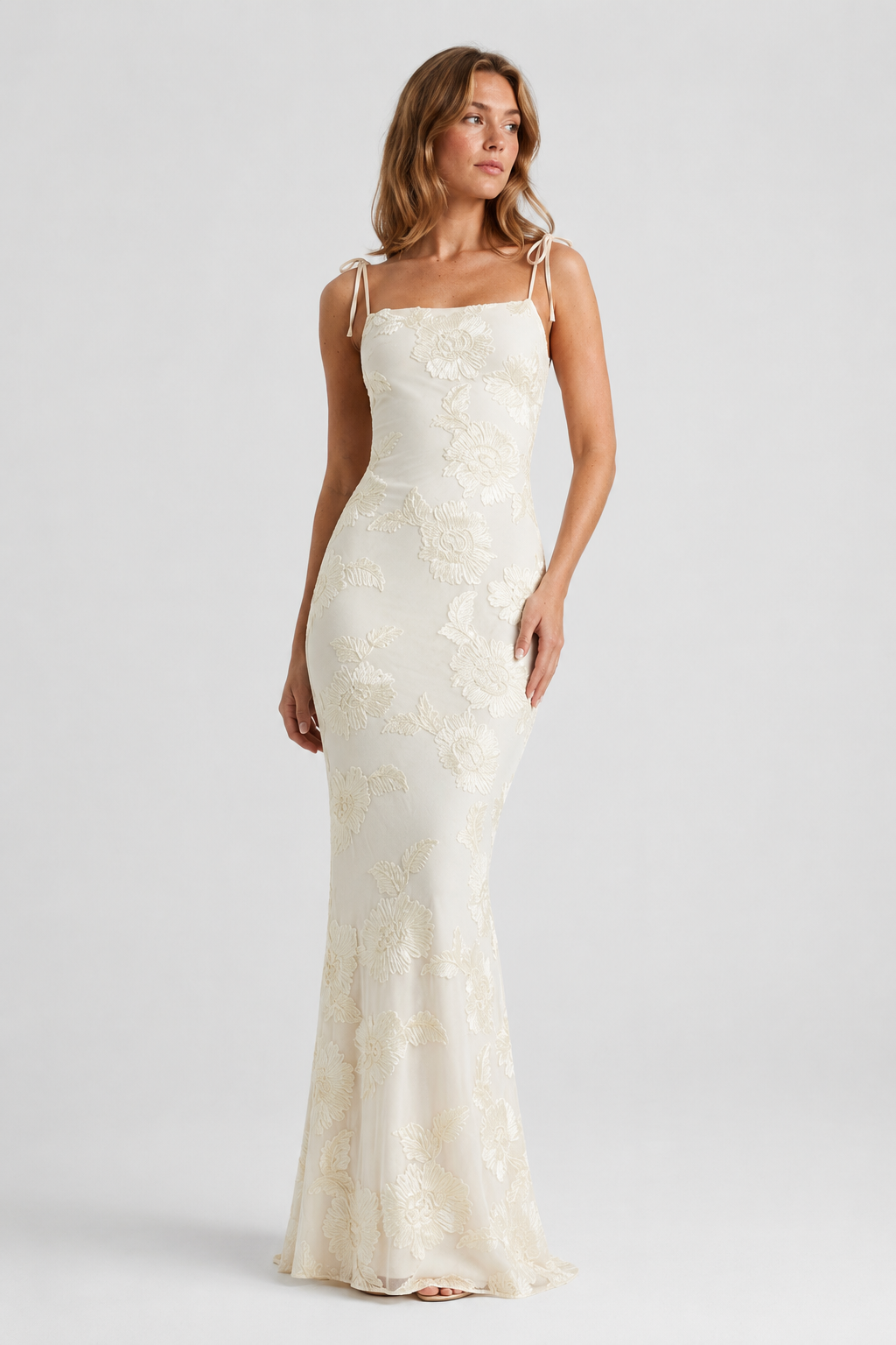 NOMU | Women's Floral Embroidered Bodycon Maxi Dress – Elegant Tie Strap Occasion Dress