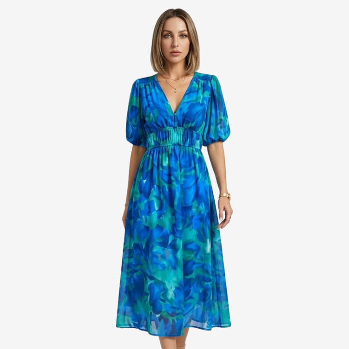 NOMU | Women's Floral V-Neck Midi Dress – Elegant Puff Sleeve Flowing Dress