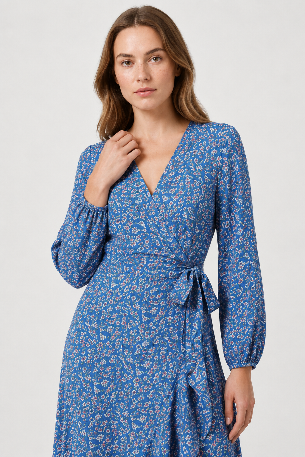 NOMU | Women's Floral Wrap Midi Dress – Long Sleeve Tie Waist Ruffle Hem Design
