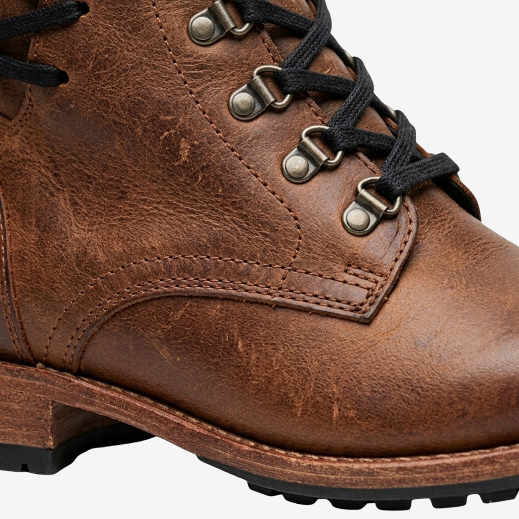 NOMU | Women's Vintage Leather Lace-Up Ankle Boots – Cozy Knit Trim Casual Boots