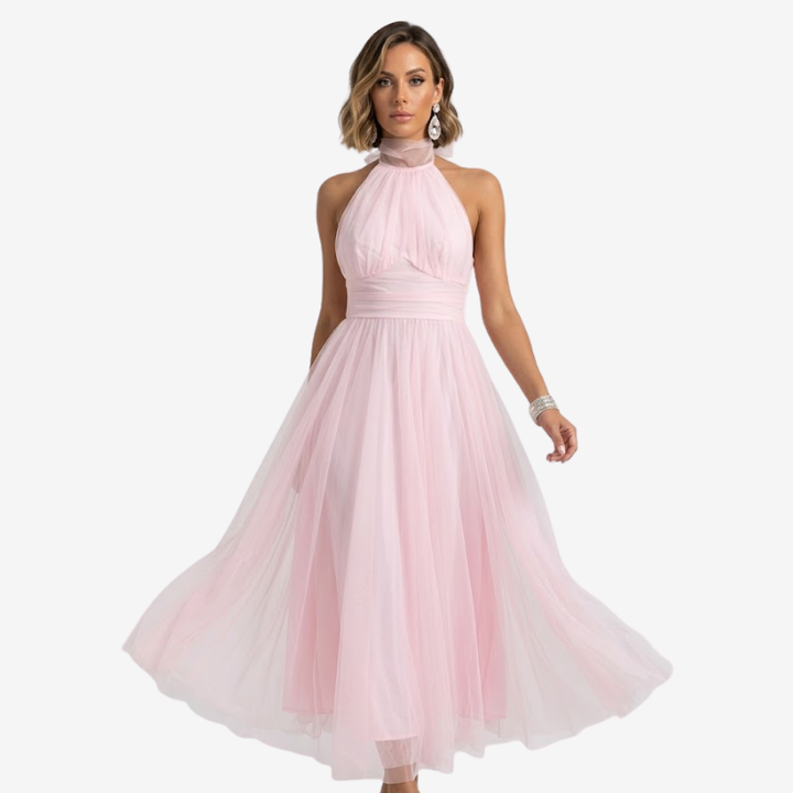NOMU | Women's Halter Neck Tulle Midi Dress – Elegant Sleeveless Princess Party Dress