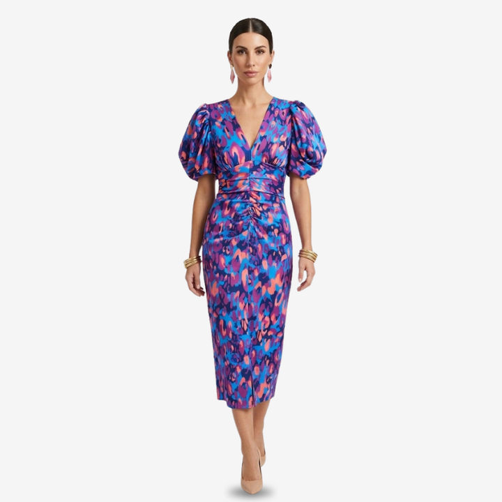 NOMU | Women's Abstract Print Ruched Midi Dress – Elegant Puff Sleeve Bodycon Dress