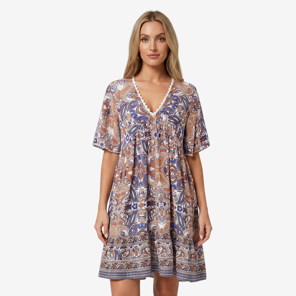NOMU | Women's Printed Mini Dress – V Neck Short Sleeve Loose Fit Design