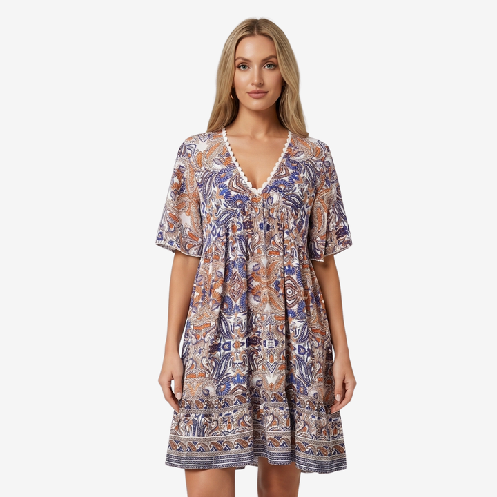 NOMU | Women's Printed Mini Dress – V Neck Short Sleeve Loose Fit Design