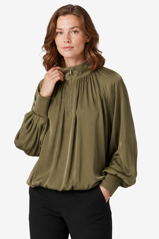NOMU | Women's Gathered High Neck Blouse – Elegant Balloon Sleeve Top