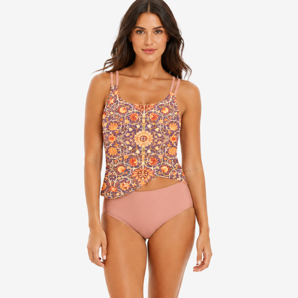 NOMU | Women's Asymmetrical Tankini Swimsuit Set – Printed Tummy Control Top with High Waist Bottoms