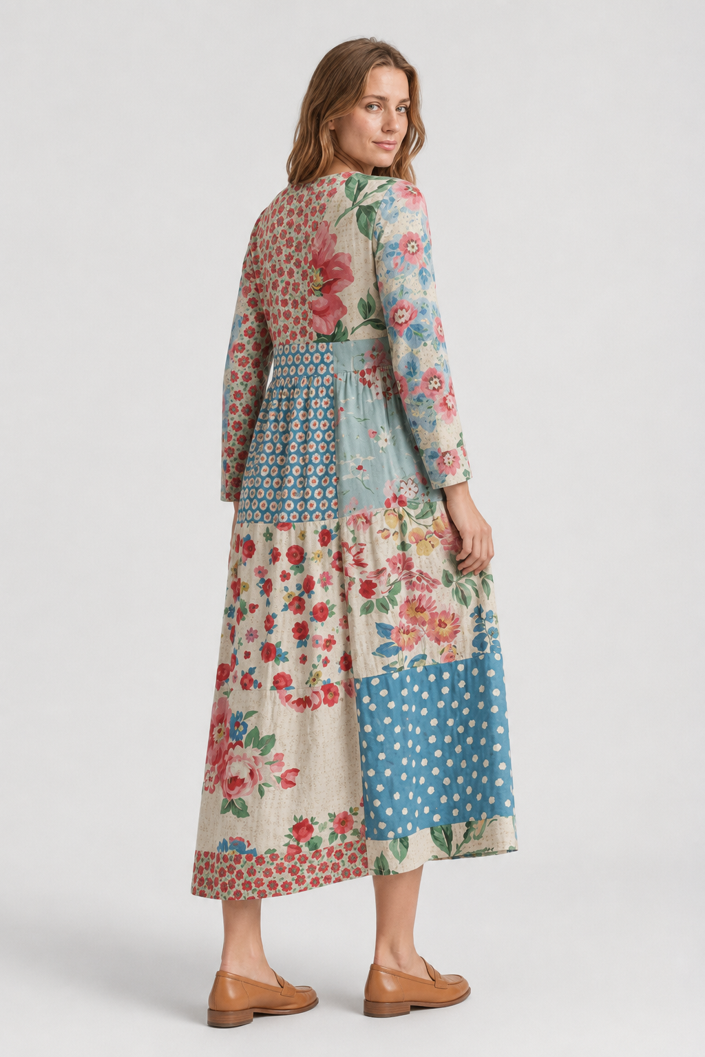 NOMU | Women's Patchwork Midi Dress – Long Sleeve V Neck Relaxed Fit Design