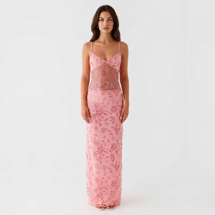 NOMU | Women's Embroidered Maxi Dress – Sleeveless Mesh Cut-Out Bodycon Design