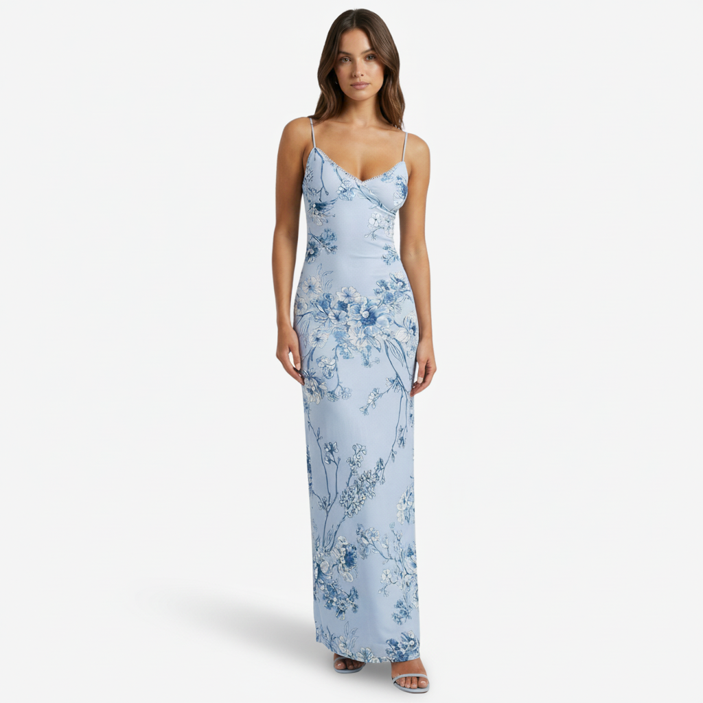 NOMU | Women's Floral Print Satin Maxi Dress – Elegant Spaghetti Strap Slip Dress