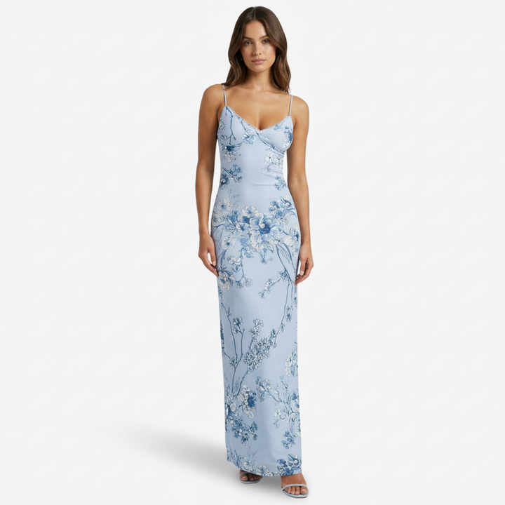 NOMU | Women's Floral Print Satin Maxi Dress – Elegant Spaghetti Strap Slip Dress