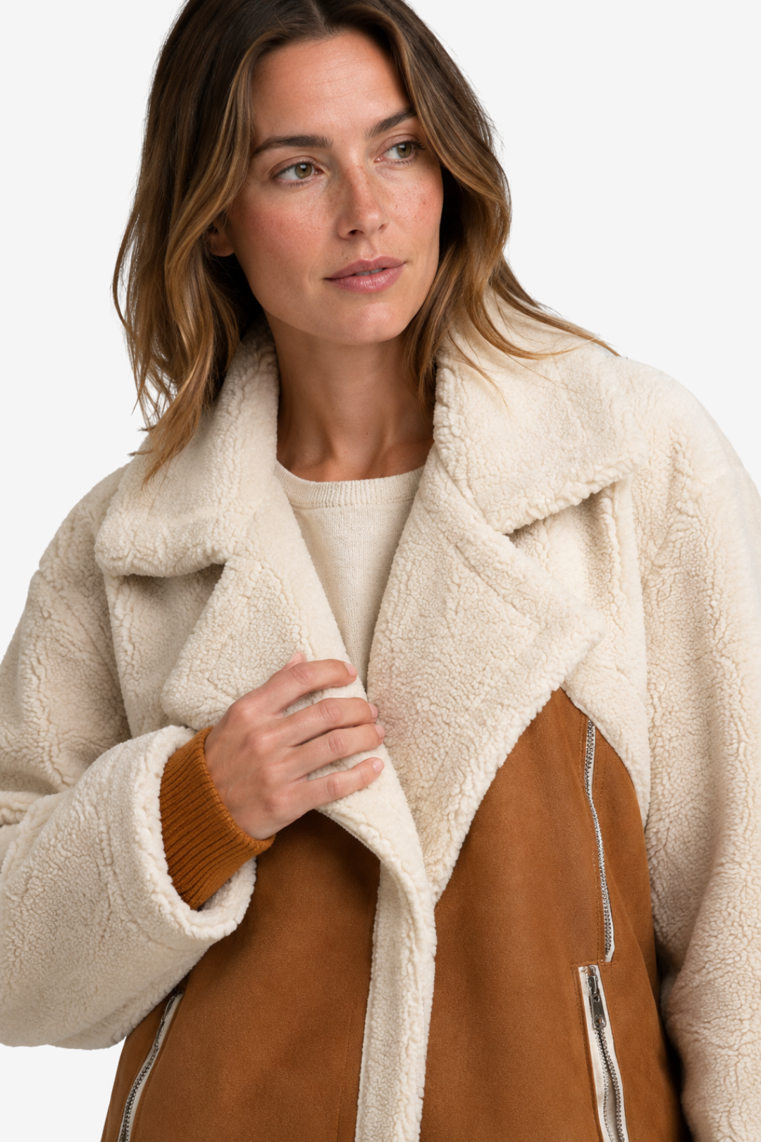 NOMU | Women's Shearling Jacket – Oversized Lapel Contrast Panel Zip Up Design