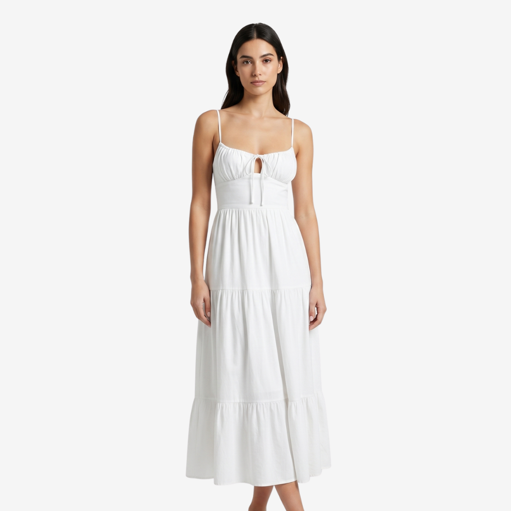 NOMU | Women's Tiered Midi Dress – Spaghetti Strap Tie Front Relaxed Fit Design